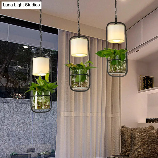 Cylinder Vintage Pendant Light Fixture - Black Suspension Lighting With 3 Heads And Round/Linear