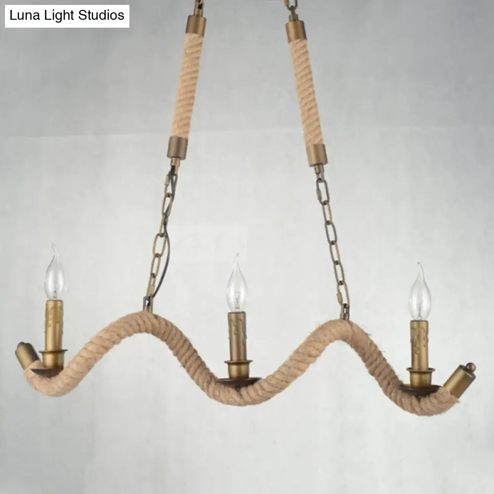 Vintage 3-Head Island Pendant Light: Candlestick Iron Ceiling Fixture With Hemp Rope - Flaxen Finish