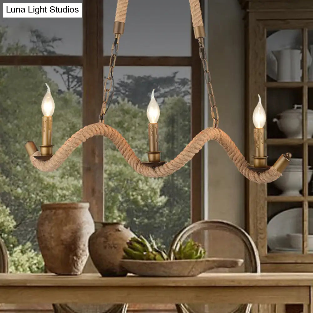 Vintage 3-Head Island Pendant Light: Candlestick Iron Ceiling Fixture With Hemp Rope - Flaxen Finish