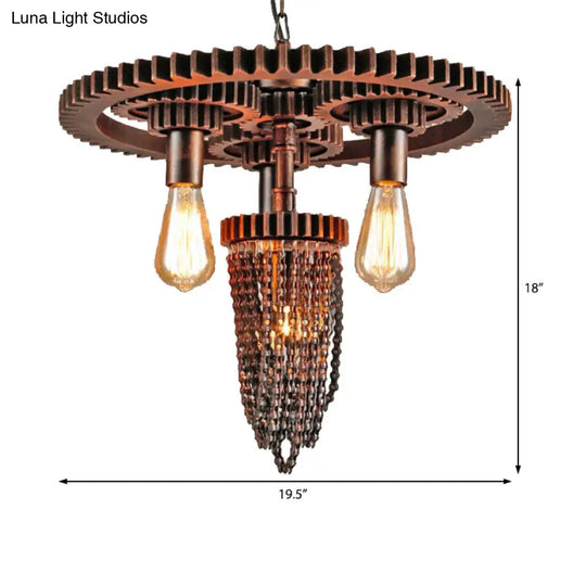 Vintage 3-Headed Metallic Gear Chandelier For Restaurant Ceiling Pendant In Rust