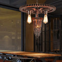 Vintage 3-Head Metal Gear Hanging Chandelier - Rustic Restaurant Ceiling Pendant Rust