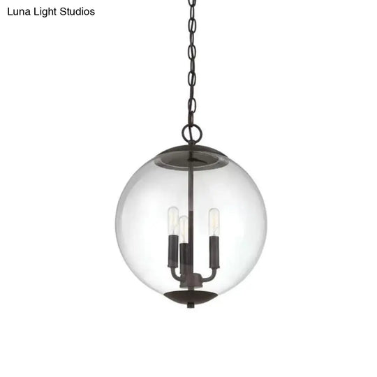 Vintage 3-Light Pendant Chandelier With Clear Glass Globe Shade For Dining Room - Black/Chrome/Gold
