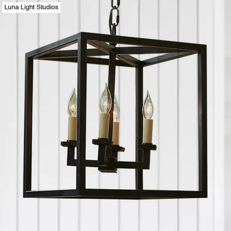 Vintage 4-Light Cubic Chandelier With Cage Shade - Small Black Metal Hanging Lamp For Bathroom