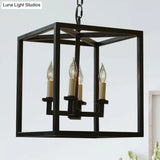 Vintage 4-Light Cubic Chandelier With Cage Shade - Small Black Metal Hanging Lamp For Bathroom