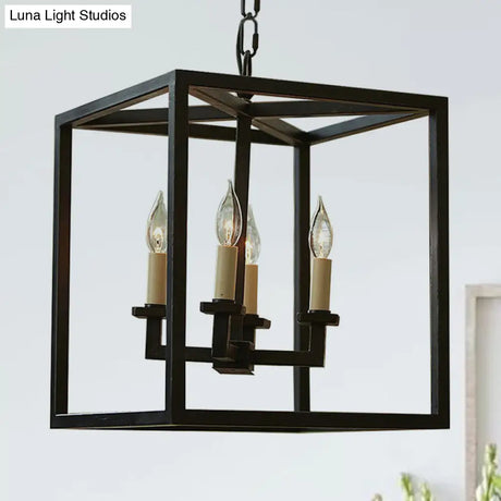 Vintage 4-Light Cubic Chandelier With Cage Shade - Small Black Metal Hanging Lamp For Bathroom