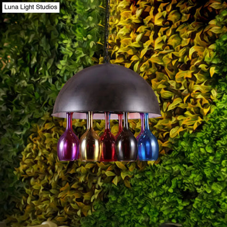 Vintage 4-Light Dome Iron Hanging Chandelier: Restaurant Pendant Lamp In Black With Colorful Wine