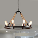 Vintage 6/8-Light Metallic Circular Hanging Lamp In Brown With Exposed Bulb & Rope Suspension For