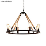 Vintage 6/8-Light Metallic Circular Hanging Lamp In Brown With Exposed Bulb & Rope Suspension For