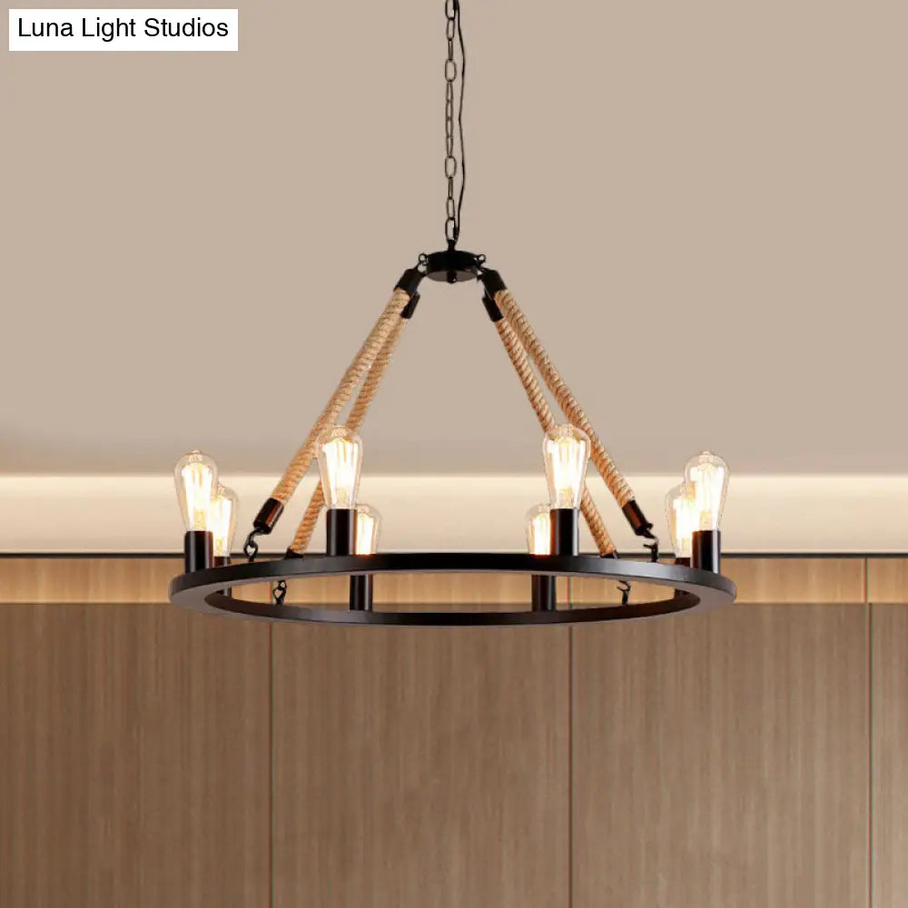 Vintage 6/8-Light Metallic Circular Hanging Lamp In Brown With Exposed Bulb & Rope Suspension For