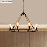 Vintage 6/8-Light Metallic Circular Hanging Lamp In Brown With Exposed Bulb & Rope Suspension For