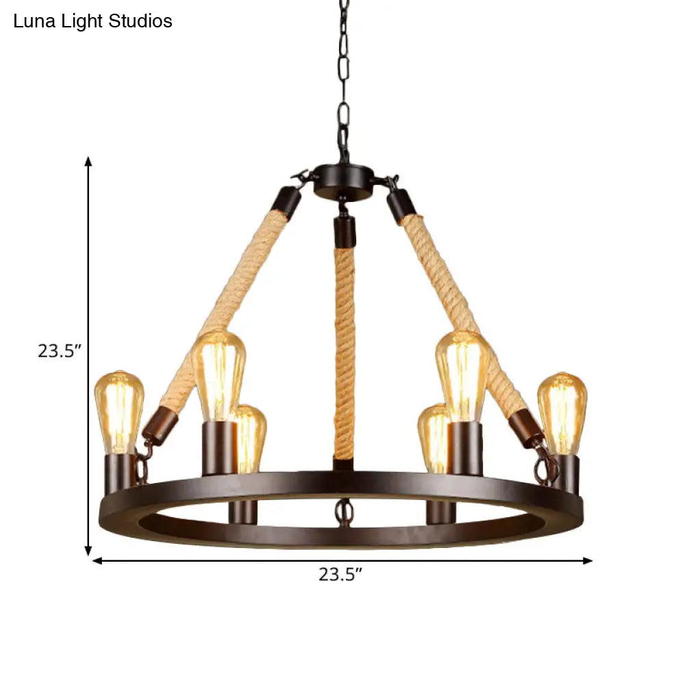 Vintage 6/8-Light Metallic Circular Hanging Lamp In Brown With Exposed Bulb & Rope Suspension For