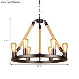 Vintage 6/8-Light Metallic Circular Hanging Lamp In Brown With Exposed Bulb & Rope Suspension For
