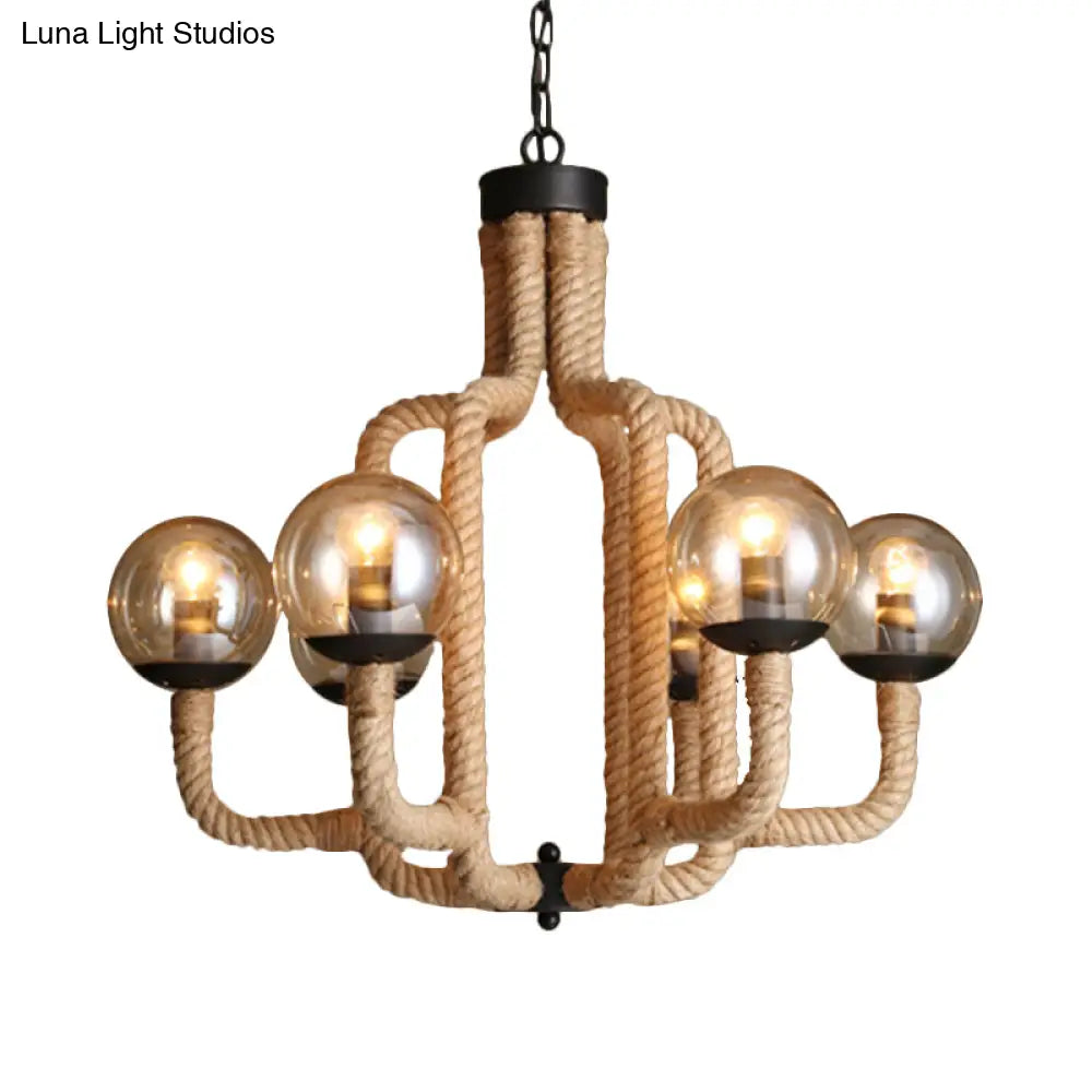 Vintage 6-Light Brown Roped Ceiling Pendant With Glass Ball Shade - Restaurant Chandelier