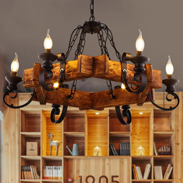 Vintage 6-Light Candle Chandelier With Clear Glass And Wooden Backplate Black