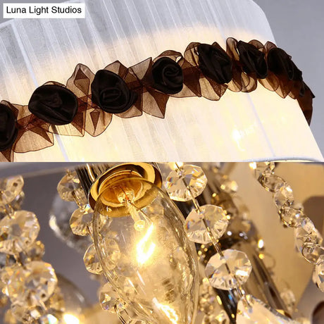 Vintage 6 - Light Circle Flushmount With Crystal Bead Decoration - White Fabric Bedroom Ceiling