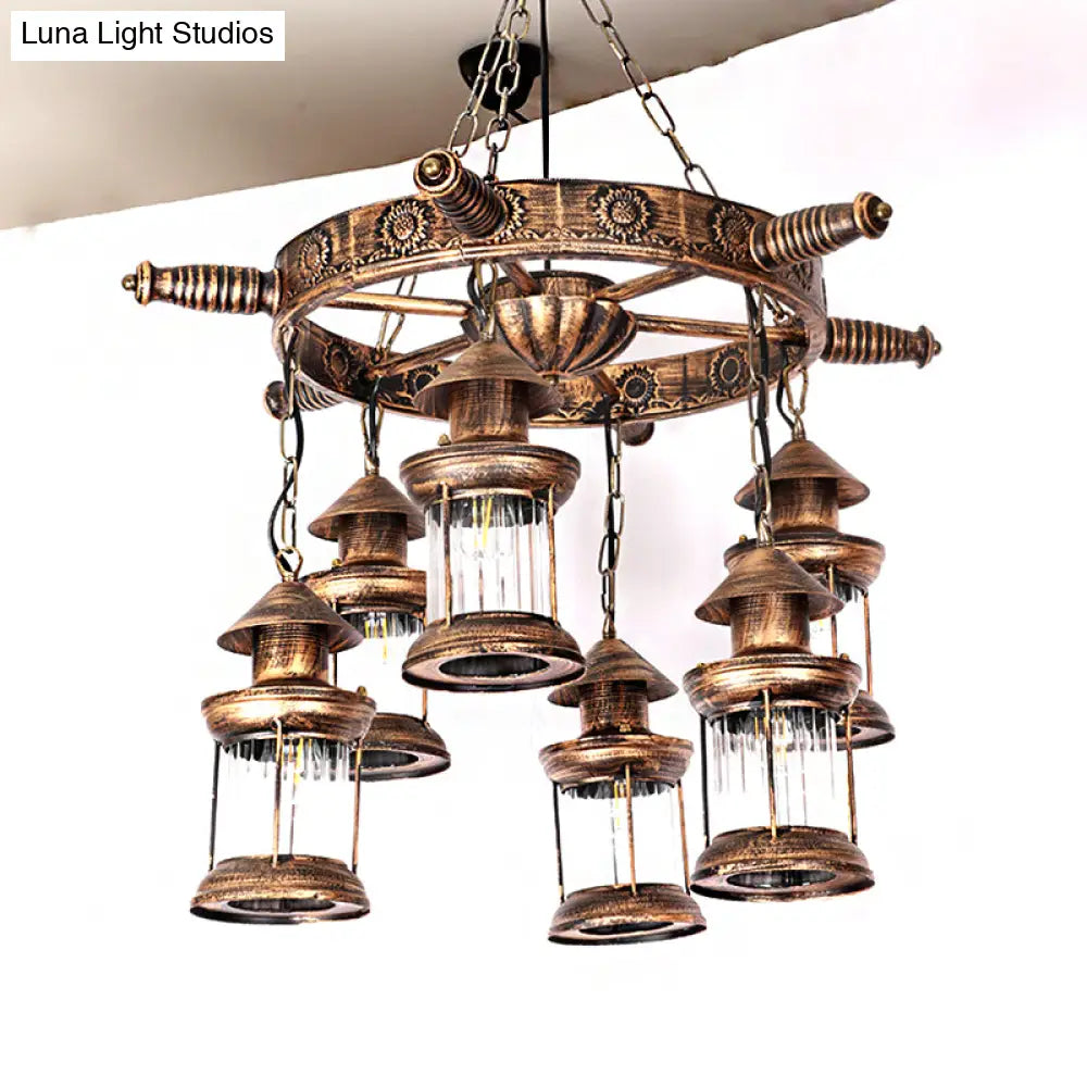 Vintage 6-Light Clear Glass Chandelier - Industrial Antique Brass Wagon Wheel Pendant Light For