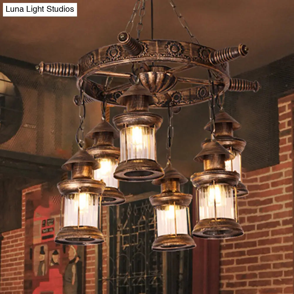 Industrial Antique Brass Wagon Wheel Chandelier- 6-Light Clear Glass Pendant For Dining Room Brass