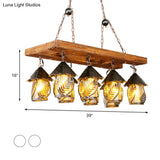 Vintage 8-Light Island Pendant Chandelier In Black: Rectangle White Fabric & Clear Glass