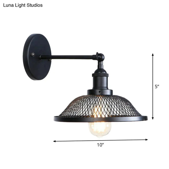 Vintage Adjustable Wall Lamp With Saucer Shade And Mesh Cage Design In Black