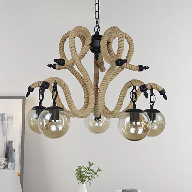 Vintage Amber Glass Ball Chandelier - 5-Light Pendant Lighting For Living Room With Rope Detail