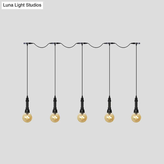 Vintage Amber Glass Ball Pendant Lamp In Black - Tandem Led Ceiling Light 3/5/7-Light Coffee House
