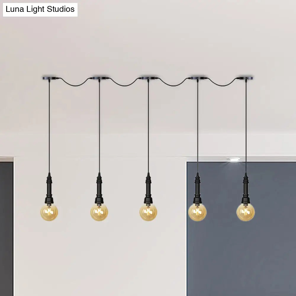 Vintage Amber Glass Ball Pendant Lamp In Black - Tandem Led Ceiling Light 3/5/7-Light Coffee House