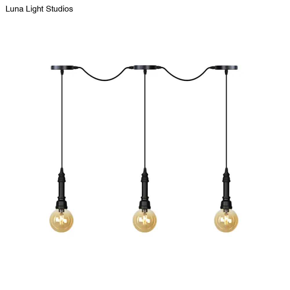 Vintage Amber Glass Ball Pendant Lamp In Black - Tandem Led Ceiling Light 3/5/7-Light Coffee House