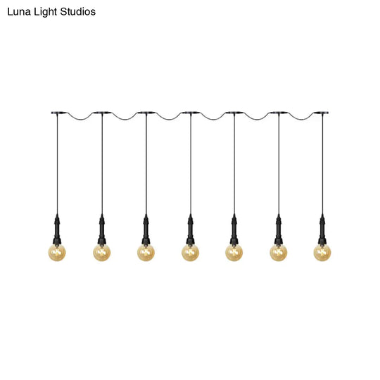 Vintage Amber Glass Ball Pendant Light - Tandem Led Ceiling Lamp In Black (3/5/7-Light)