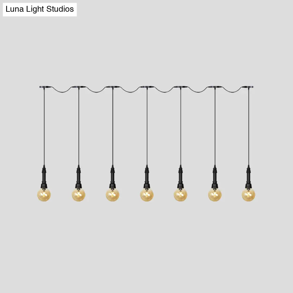 Vintage Amber Glass Ball Pendant Lamp In Black - Tandem Led Ceiling Light 3/5/7-Light Coffee House