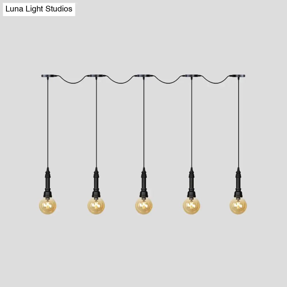 Vintage Amber Glass Ball Pendant Light - Tandem Led Ceiling Lamp In Black (3/5/7-Light)