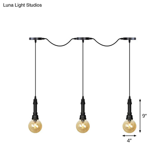 Vintage Amber Glass Ball Pendant Lamp In Black - Tandem Led Ceiling Light 3/5/7-Light Coffee House