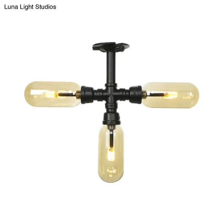 Vintage Amber Glass Ceiling Light With Matte Black Semi Flush Design - 3/4 Oval Shade