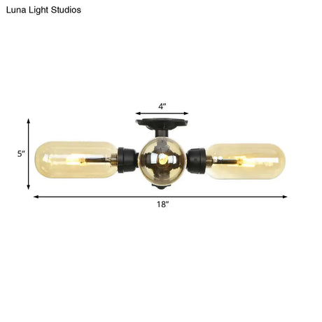 Vintage Amber Glass Ceiling Light With Matte Black Semi Flush Design - 3/4 Oval Shade