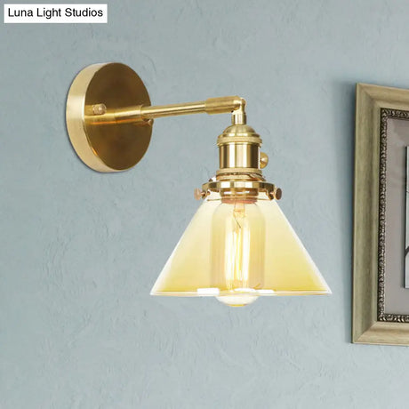 Vintage Amber Glass Conical Wall Sconce - 1-Light Rotatable Fixture For Foyer Lighting