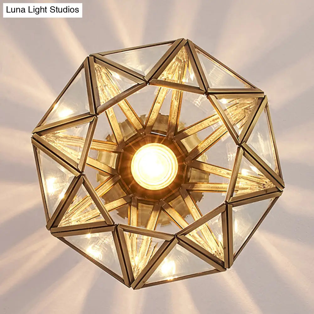 Vintage Amber Glass Diamond Flush Light With Brass Finish For Foyer Ceiling