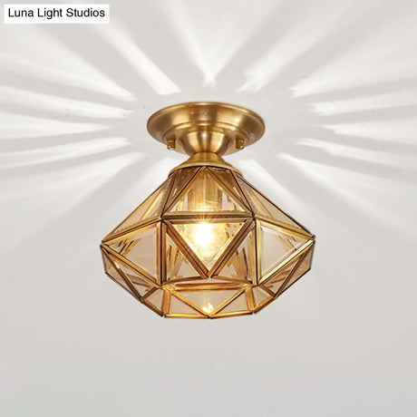 Vintage Amber Glass Diamond Flush Light With Brass Finish For Foyer Ceiling