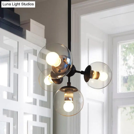 Vintage Amber Glass Orb Chandelier - 4-Light Black Ceiling Fixture For Dining Room