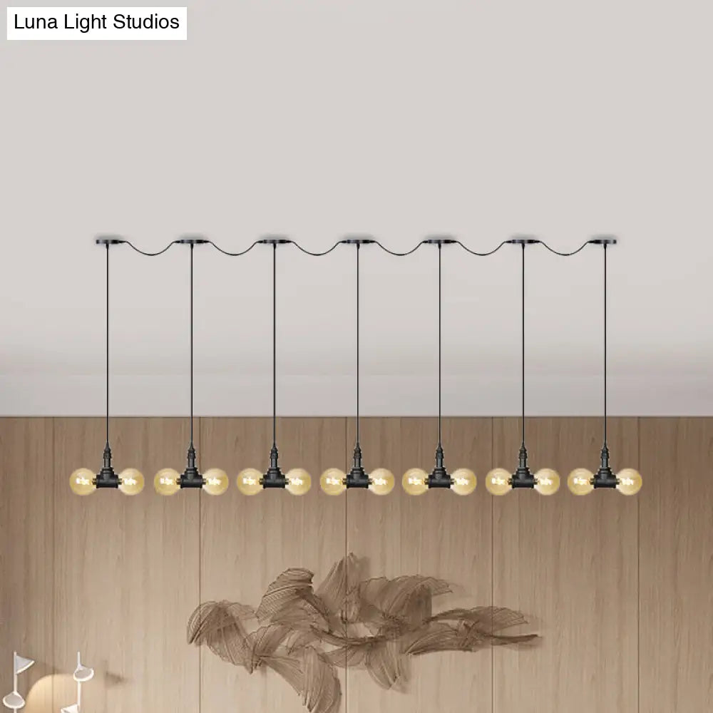 Vintage Amber Glass Pendant Lamp With Black Tandem Led And Multi-Head Design