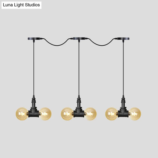 Vintage Amber Glass Pendant Lamp With Black Tandem Led And Multi-Head Design