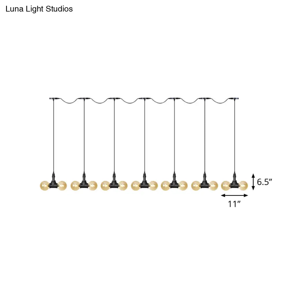 Vintage Amber Glass Pendant Lamp With Black Tandem Led And Multi-Head Design