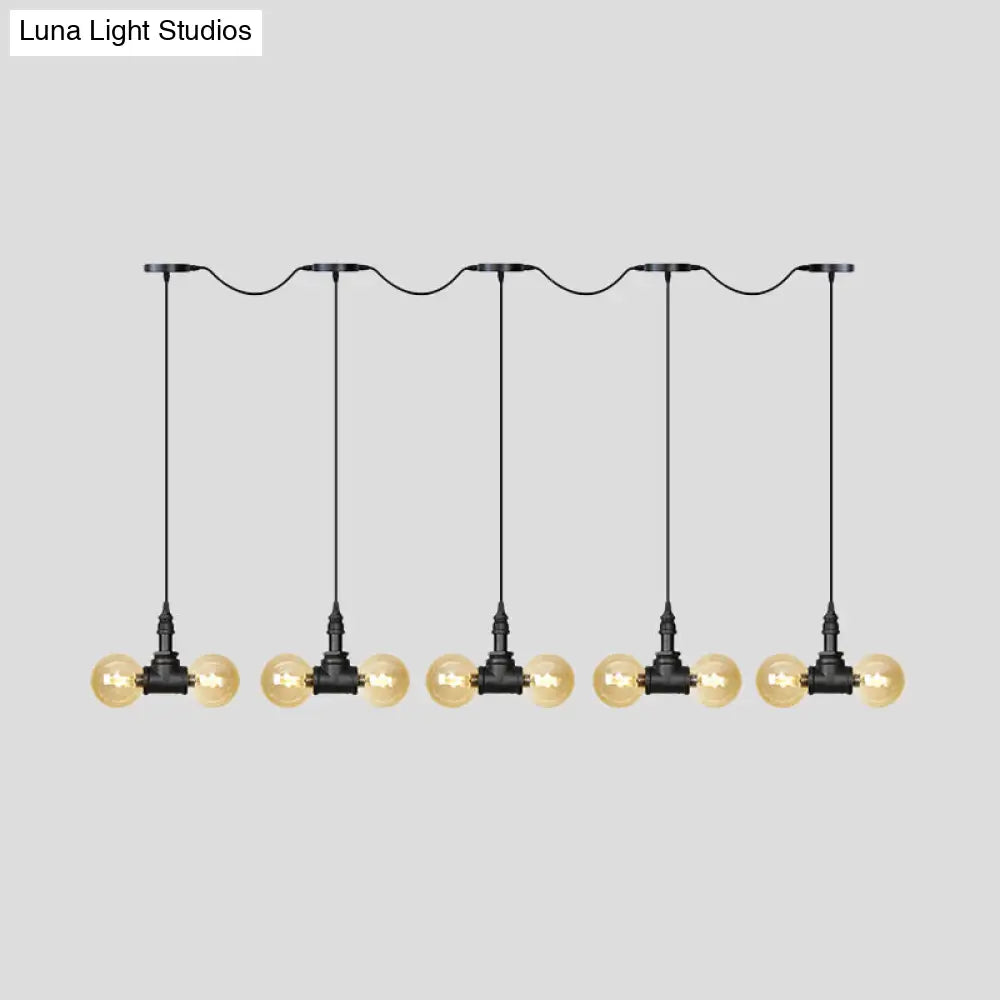 Vintage Amber Glass Pendant Lamp With Black Tandem Led And Multi-Head Design