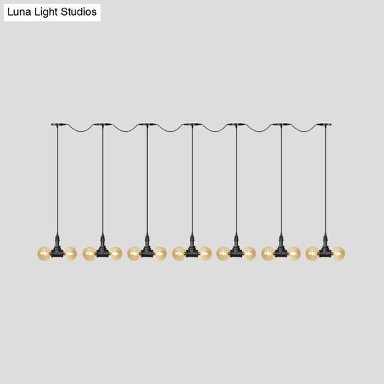 Vintage Amber Glass Pendant Lamp With Black Tandem Led And Multi-Head Design