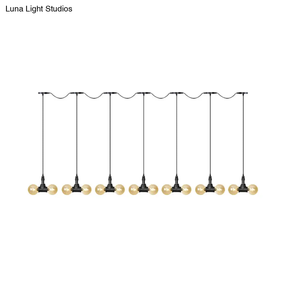 Vintage Amber Glass Pendant Lamp With Black Tandem Led And Multi-Head Design