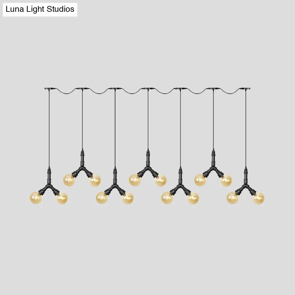 Vintage Amber Glass Swag Hanging Light Fixture - Led Multi Lamp Pendant With 6/10/14 Bulbs In Black