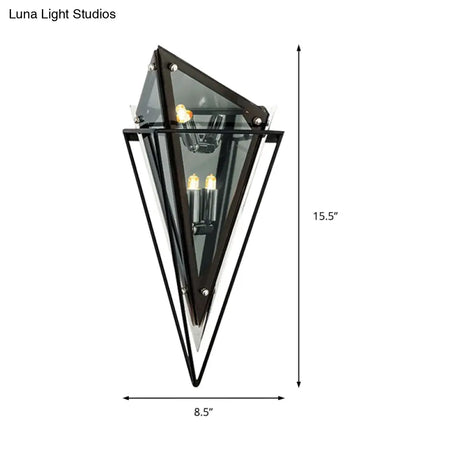 Vintage Amber/Smoke Gray Glass Triangle Wall Sconce Light - Led Lamp With Iron Frame