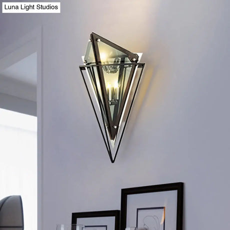 Vintage Amber/Smoke Gray Glass Triangle Wall Sconce Light - Led Lamp With Iron Frame