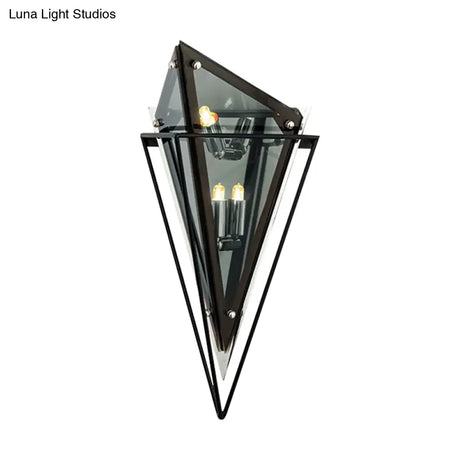 Vintage Amber/Smoke Gray Glass Triangle Wall Sconce Light - Led Lamp With Iron Frame