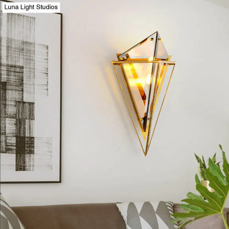 Vintage Amber/Smoke Gray Glass Triangle Wall Sconce Light - Led Lamp With Iron Frame