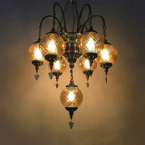 Vintage Amber Swirl Glass Globe Chandelier - Coffee House Pendant Light Fixture