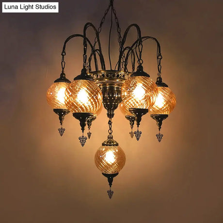 Vintage Amber Swirl Glass Globe Chandelier - Coffee House Pendant Light Fixture